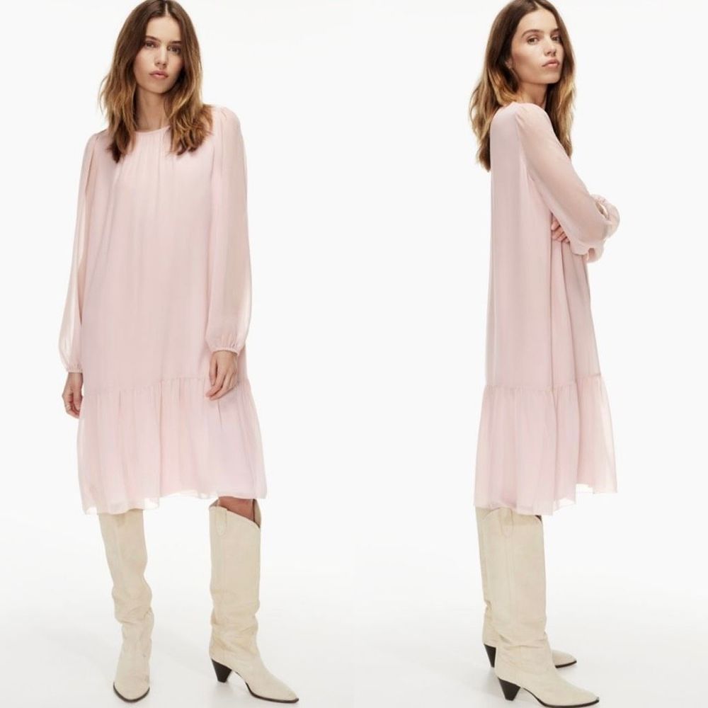 Aritzia Wilfred Dress Long Sleeve Chiffon Pink Miriam Midi Dress Size M
